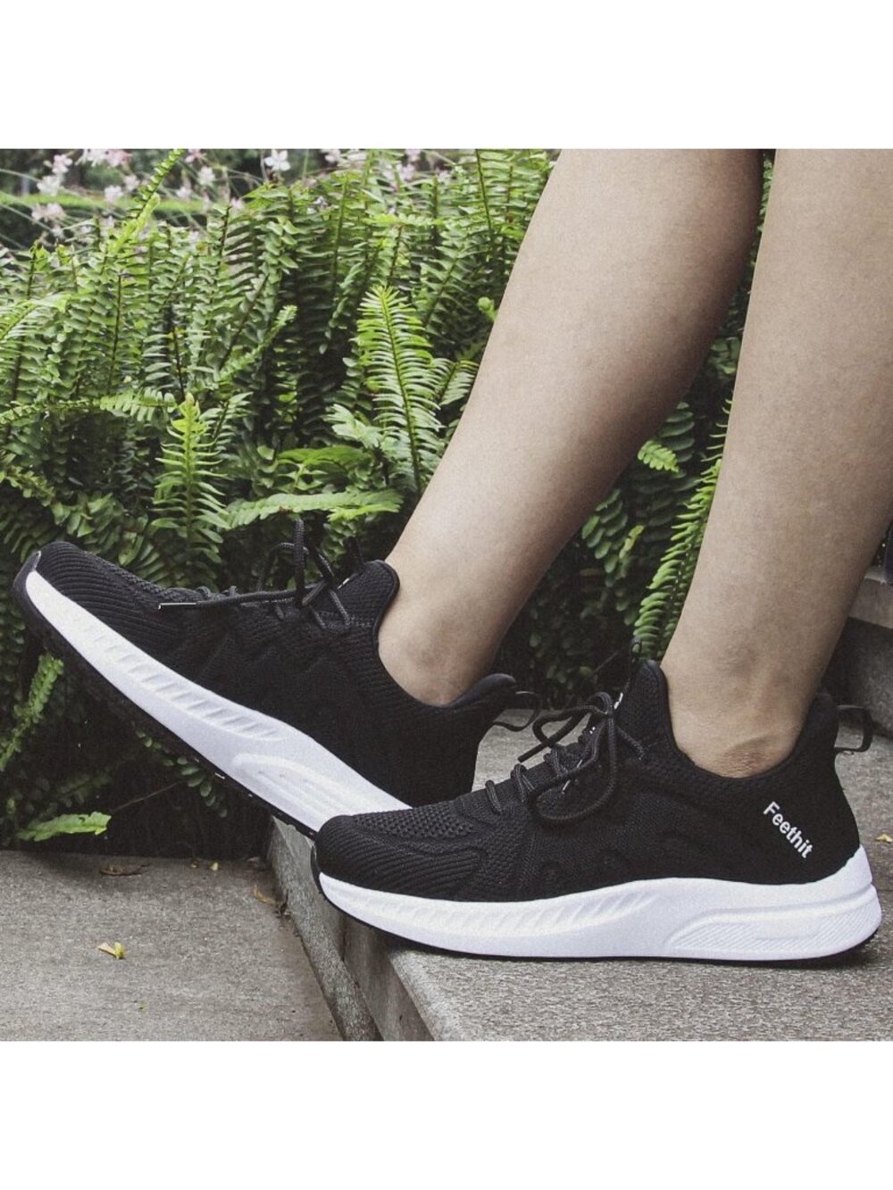 Women's Black White Mesh Lightweight Workout Athletic Running Slip on Sneaker - Picture 2 of 6